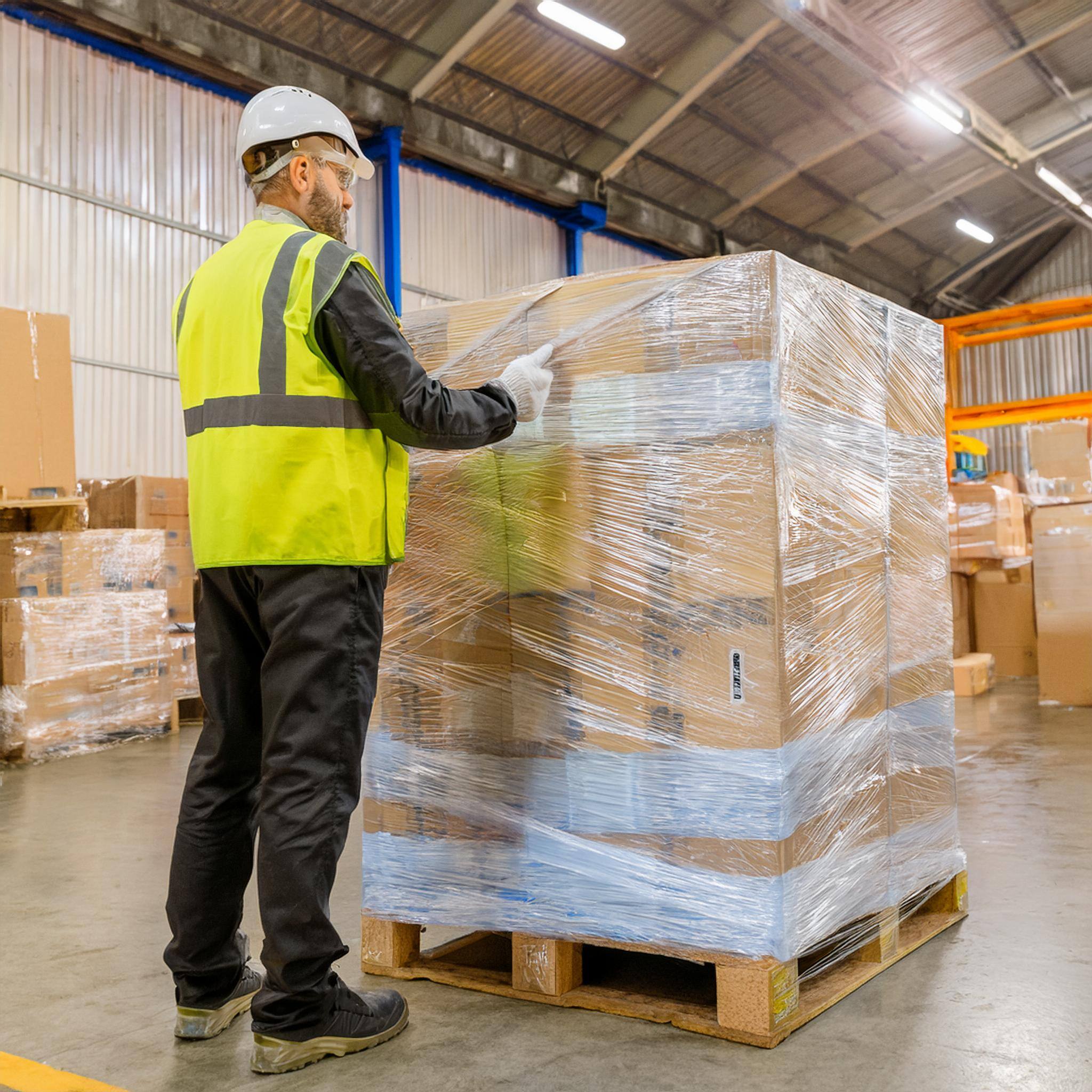 quality inspector inspecting a pallet of shrink wrapped boxes in a factory_ 28-12-2024 at 13-35-51