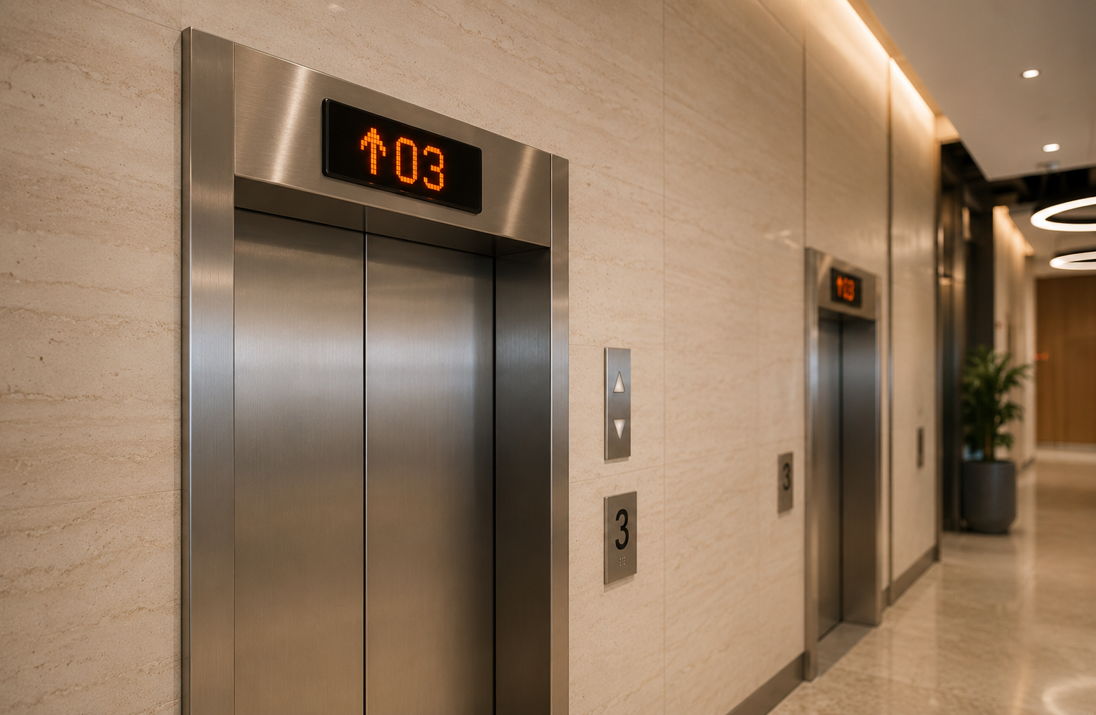 Elevator floor indicator illuminated showing an upward arrow and the number 03 — visual motif representing the Third Path