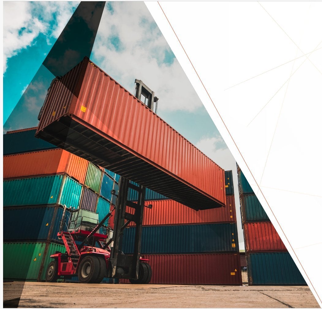 Stacked shipping containers being moved by a reach stacker, with the brand diagonal applied to the right edge